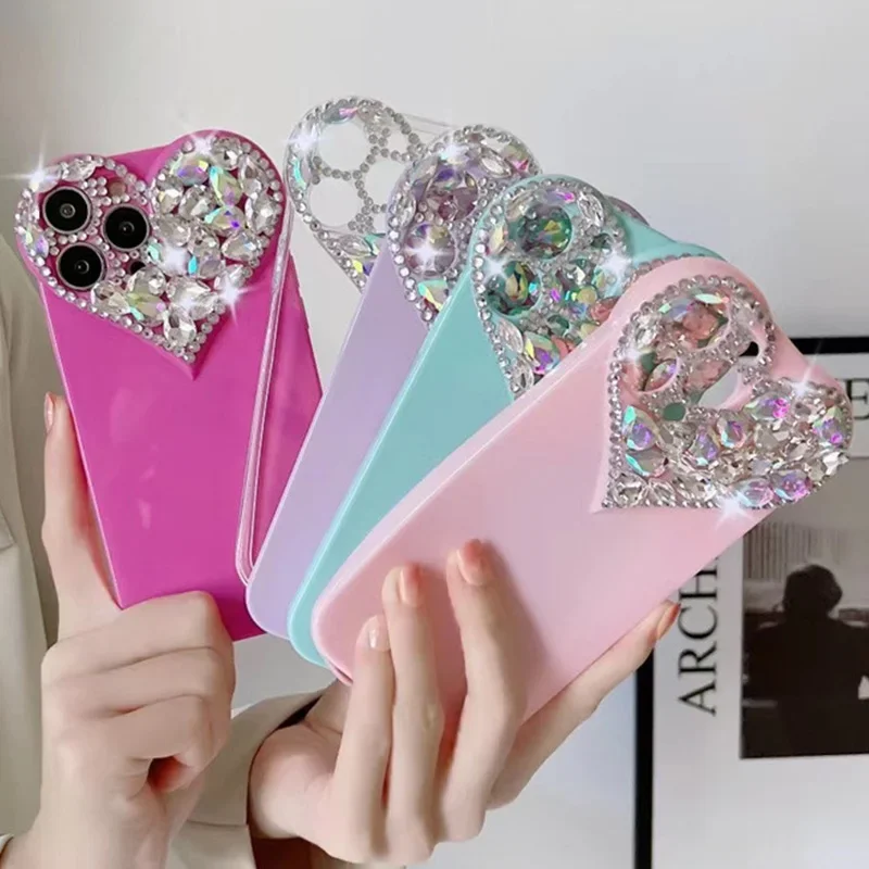 Phone Cases Junk - Love Heart Rhinestone Protect Lens Phone